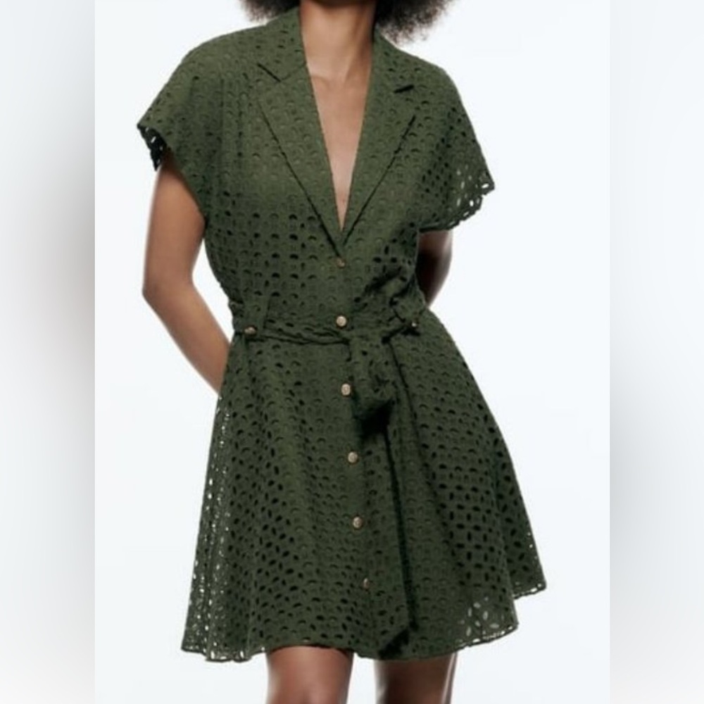 Zara Mini Dress NWT Green Eyelet Lace Cutout